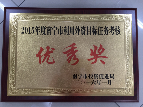2015年度南宁市利用外资目标任务考核优秀奖